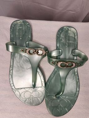 Coach Green Jelly Thong Sandals with Crystal Double-Ring Hardware